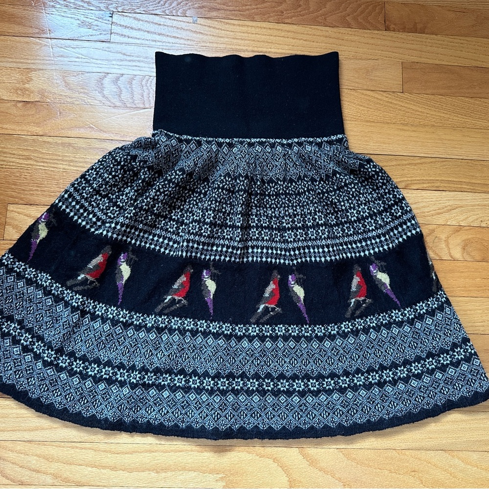 Moth Black A-Line Skirt with Multicolor Bird Motif